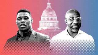 Photo illustration of Herschel Walker and Raphael Warnock in front of the US Capitol.